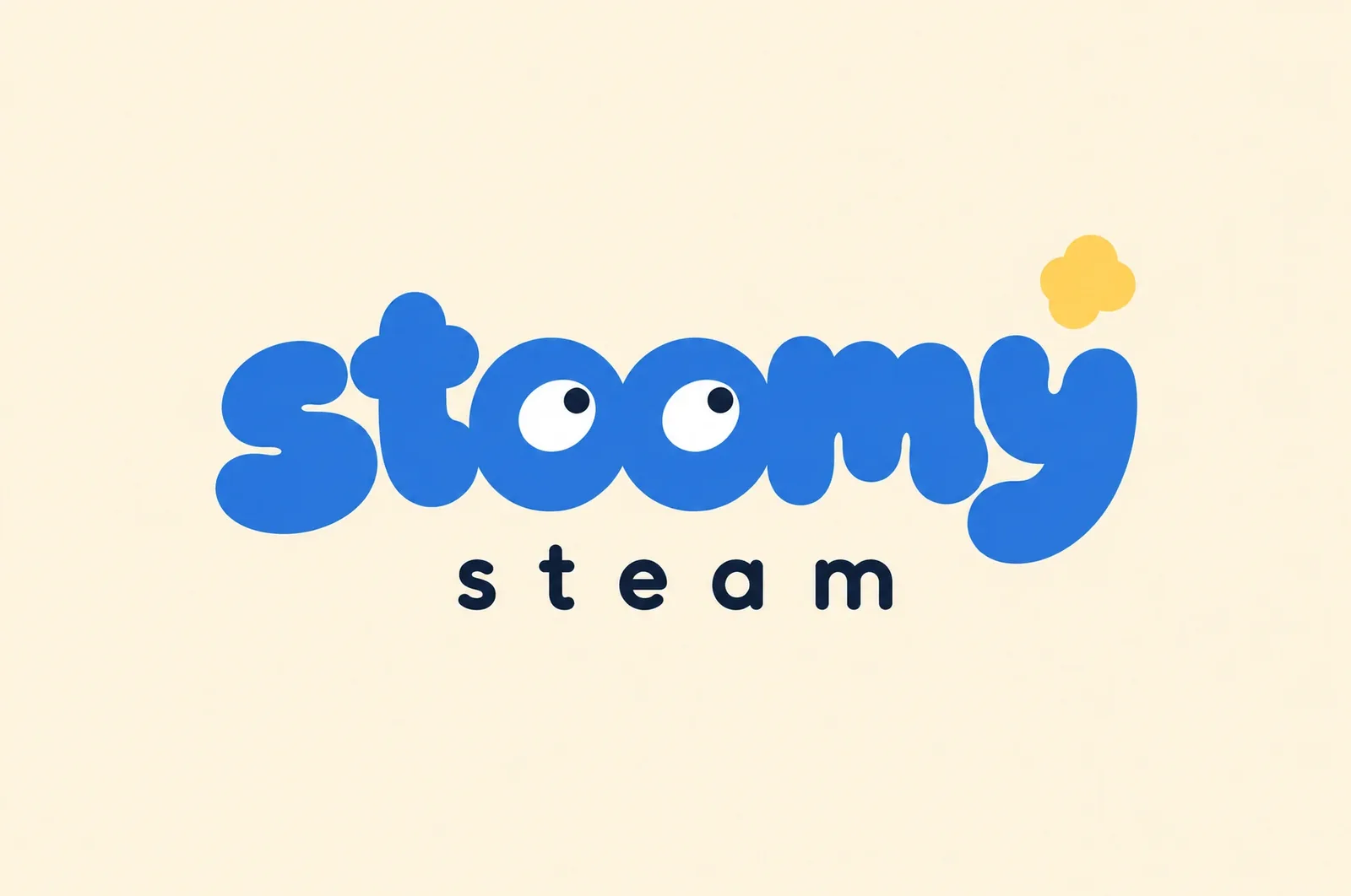 Winning logo concept: blue “stoomy” with eyes and a yellow puff, AI image before vectorisation