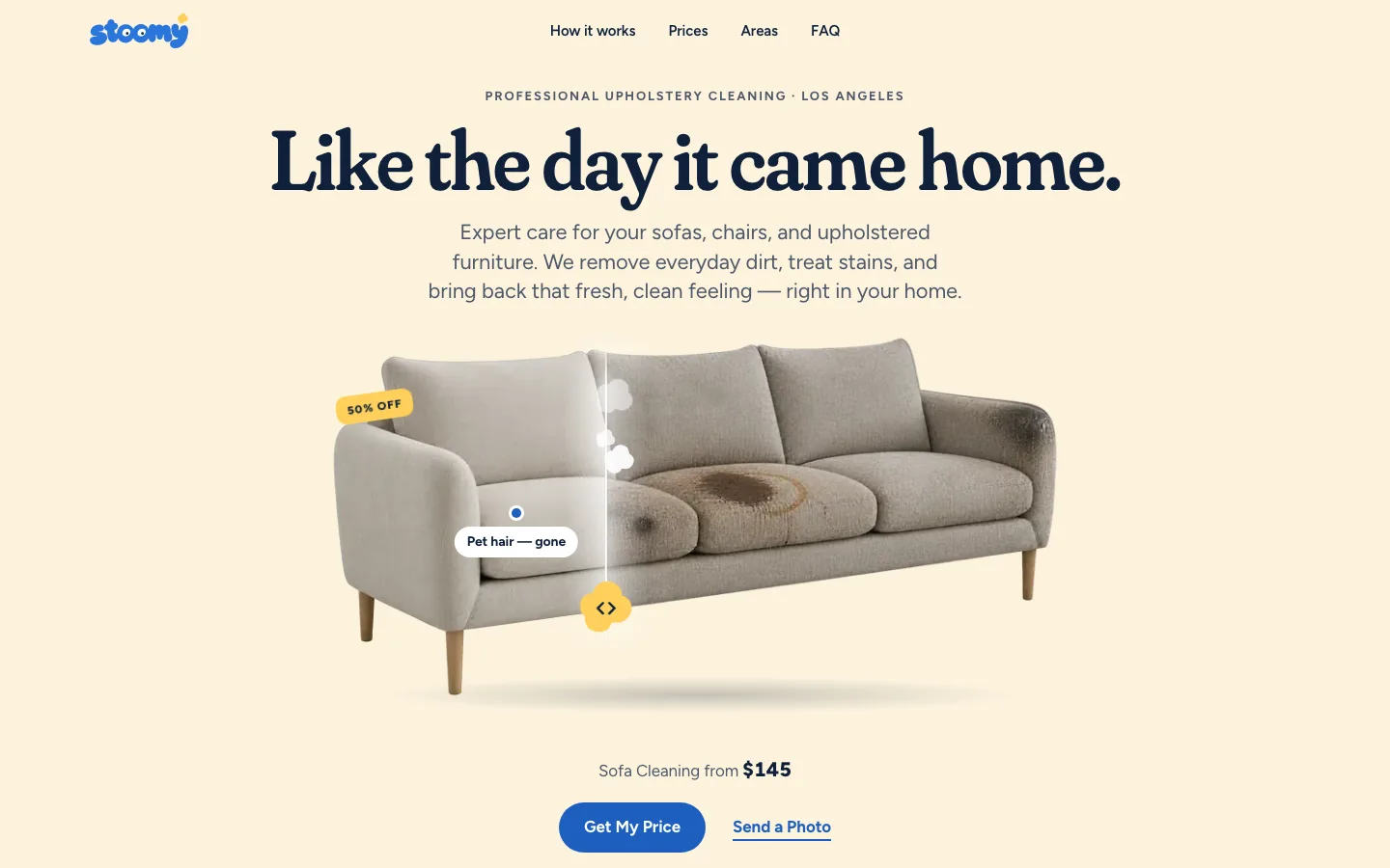Live stoomysteam.com home page: “Like the day it came home.”, half-cleaned sofa, “Get My Price” button