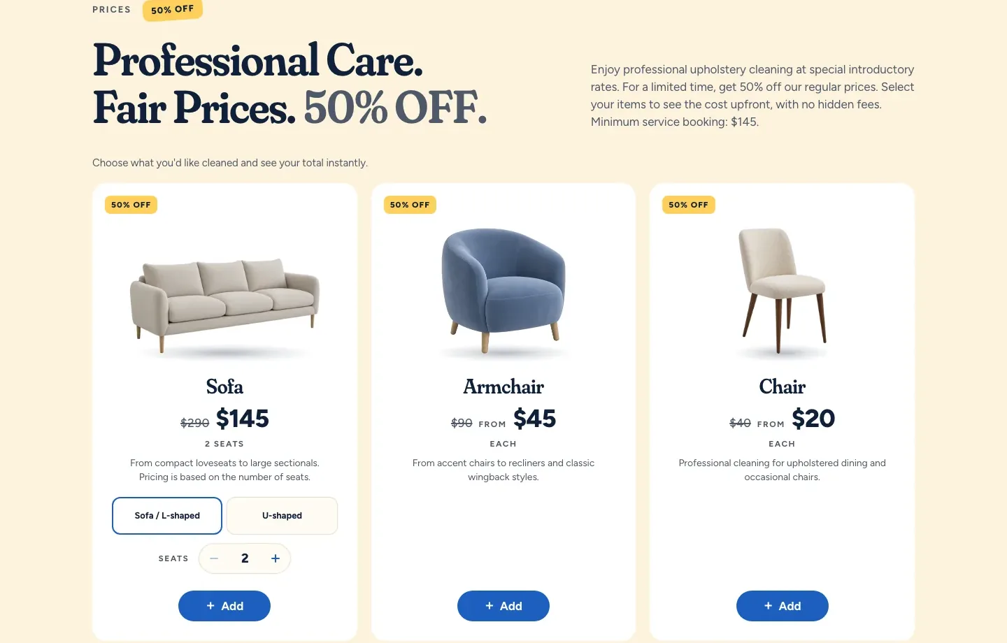 Price list as a basket: cards with sofa, armchair, chair and plus button