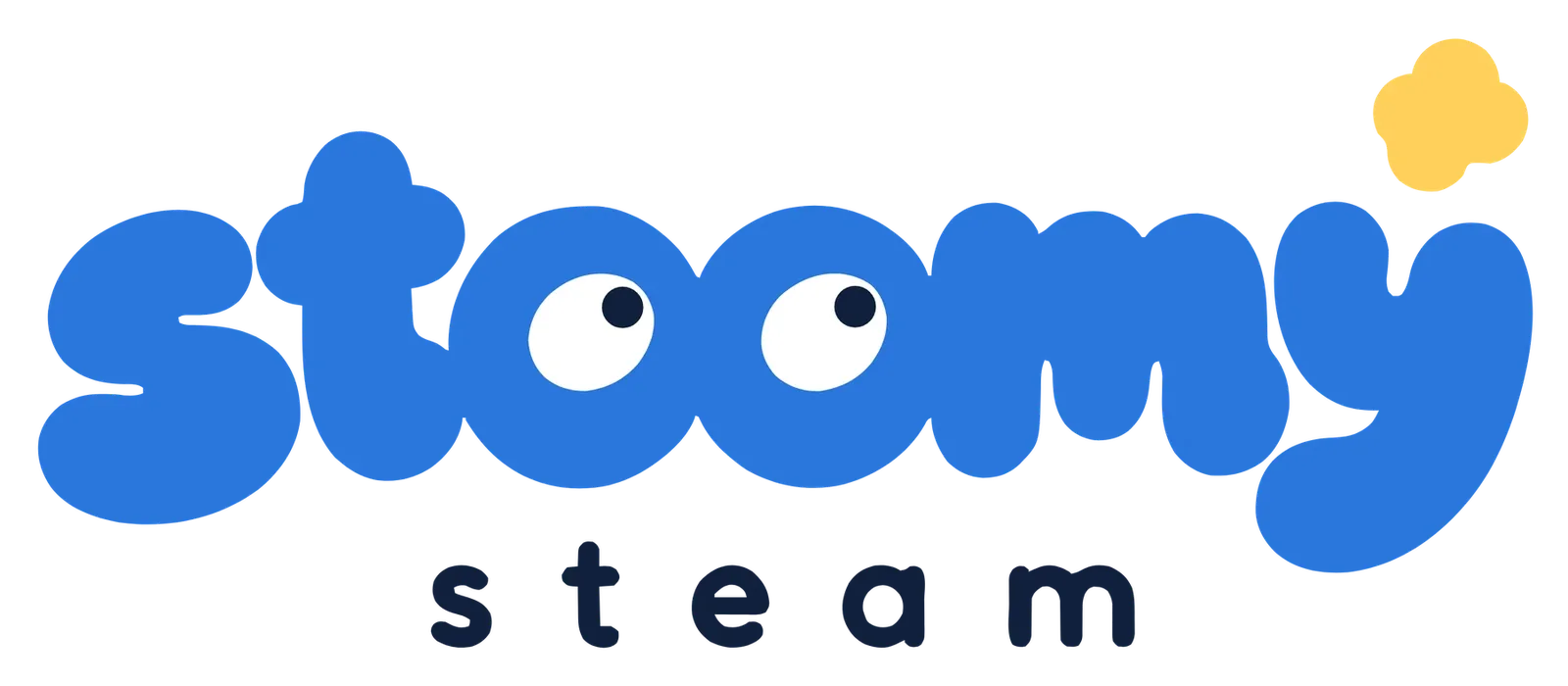 Stoomy Steam logo in blue with eyes and a yellow steam puff, “steam” in navy below