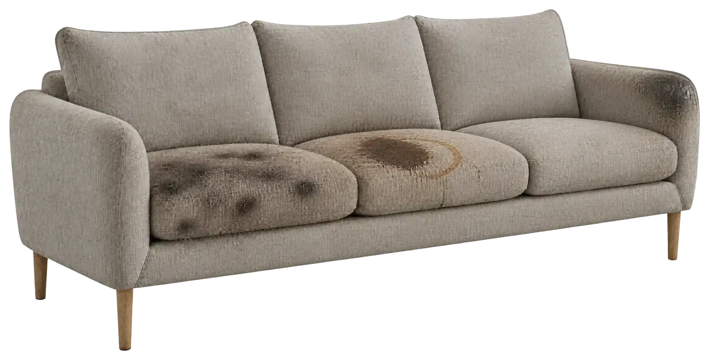 Three-seat linen sofa with stains and pet hair