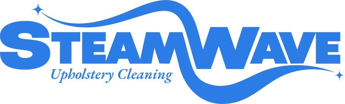 SteamWave logo: blue capitals with a wave, tagline “Upholstery Cleaning”