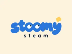 Stoomy Steam wordmark: puffy blue letters with two eyes in the “oo” and a yellow steam puff on cream