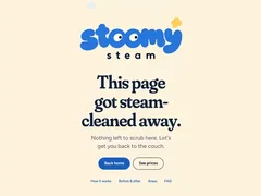 stoomysteam.com 404 page: big Stoomy mark with searching eyes above “This page got steam-cleaned away.”