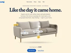 stoomysteam.com home page: “Like the day it came home.” above a half-cleaned sofa with a steam line