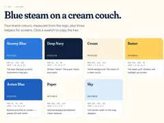 Brandbook page 03 Colour: “Blue steam on a cream couch.” with seven colour cards