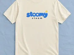 Cream t-shirt with the Stoomy Steam logo on blue cloth — mockup