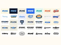 35 logo ideas in a grid: colourways, styles, black-and-white studies