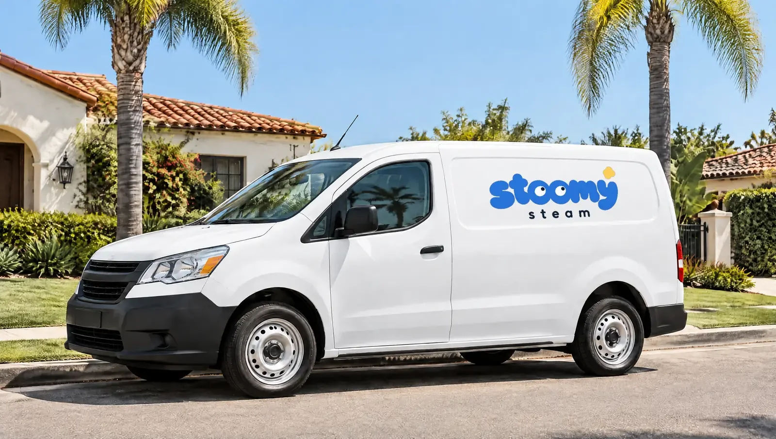 White van with the Stoomy Steam logo on its side in front of a house with palm trees in Los Angeles — mockup