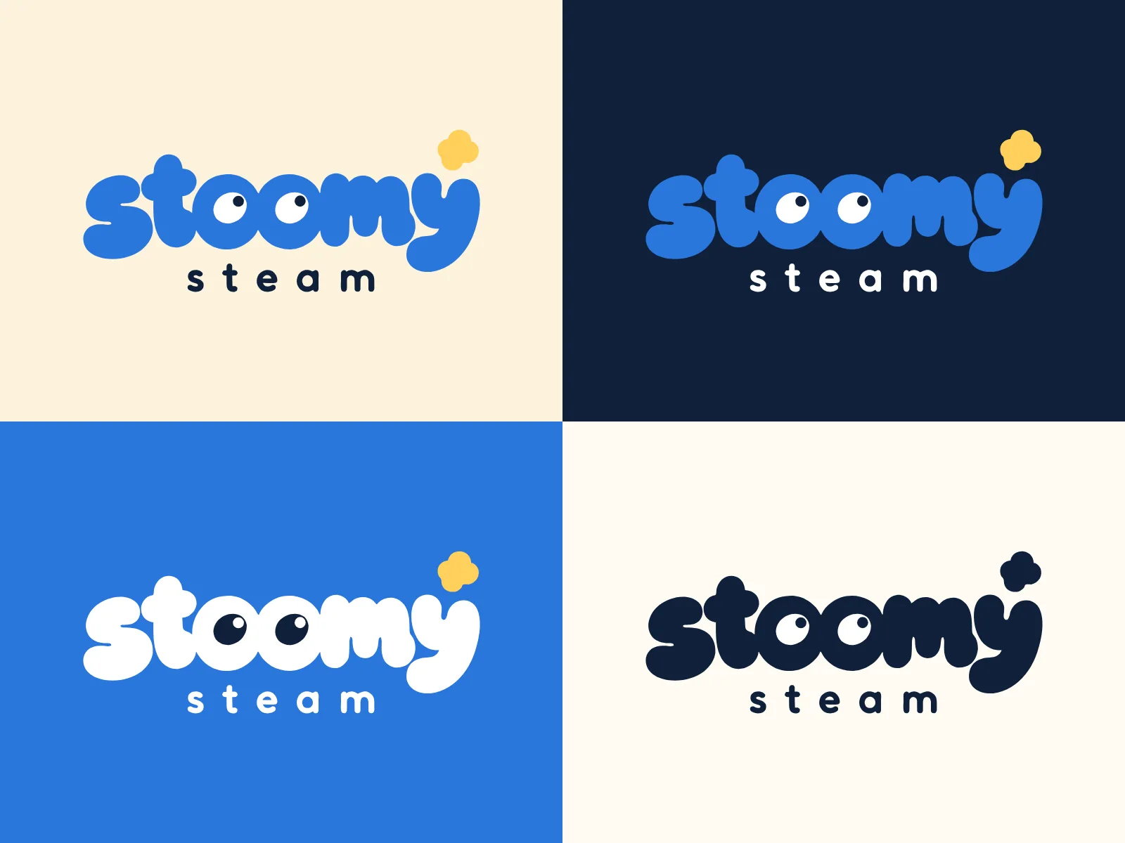 Four versions of the Stoomy logo: blue on cream, on navy, white on blue, one-colour navy
