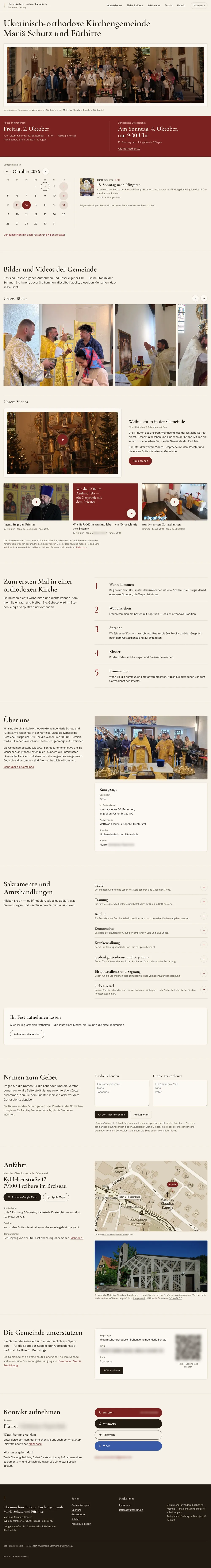 Startseite von upc-freiburg.de in voller Länge: Name der Gemeinde, Gruppenbild an Weihnachten — Gesichter der Kinder unkenntlich —, Leiste „Heute im Kirchenjahr“, Kalender, Bilder und Videos, Anfahrt und Kontakt