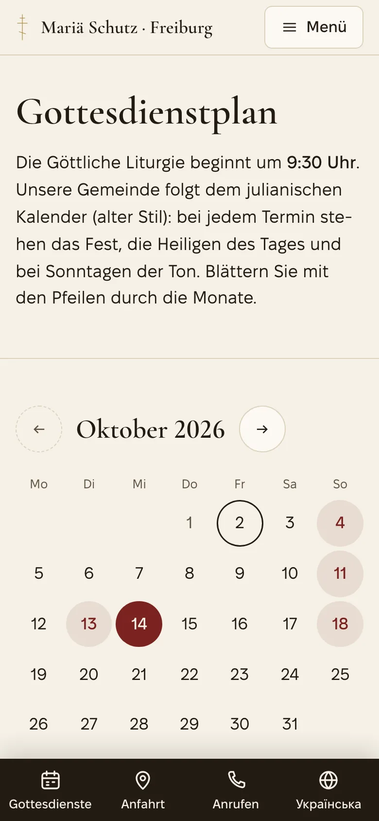 Gottesdienstplan am Telefon: Überschrift, Monat Oktober 2026 mit großen Pfeilen, unten eine Leiste mit Gottesdienste, Anfahrt, Anrufen und Sprache