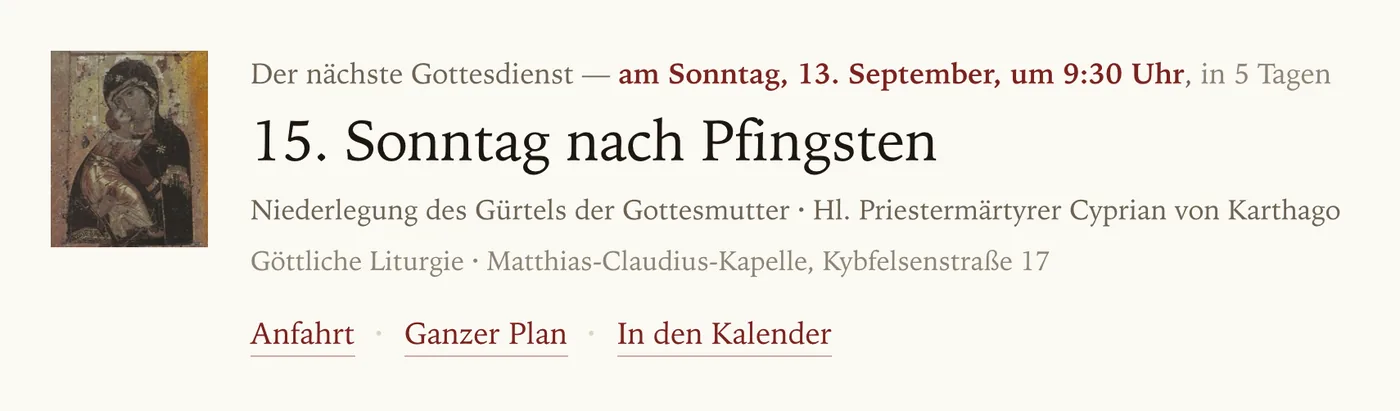 Erste Version der Gemeinde-Website, September 2026, deutsche Seite: „Der nächste Gottesdienst — am Sonntag, 13. September, um 9:30 Uhr, in 5 Tagen“, darunter 15. Sonntag nach Pfingsten, links die Ikone des Tages