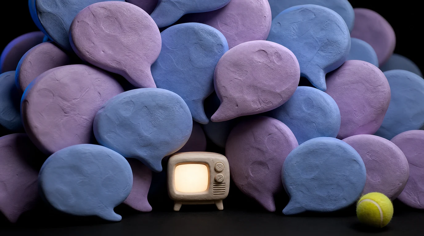 A tiny glowing clay television buried under a wall of oversized lilac and blue clay speech bubbles on black, with a single tennis ball on the floor