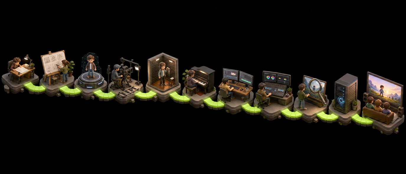 KI-Produktionspipeline — isometrische Diorama-Kette aus elf kleinen Inseln: Drehbuch am Schreibtisch, Storyboard-Staffelei, Charakter-Turntable, Kamerarig, Sprecherkabine, Musik, Schnittplatz, Color-Grading-Suite, Qualitätsprüfung, Renderturm und der fertige Film auf der Leinwand