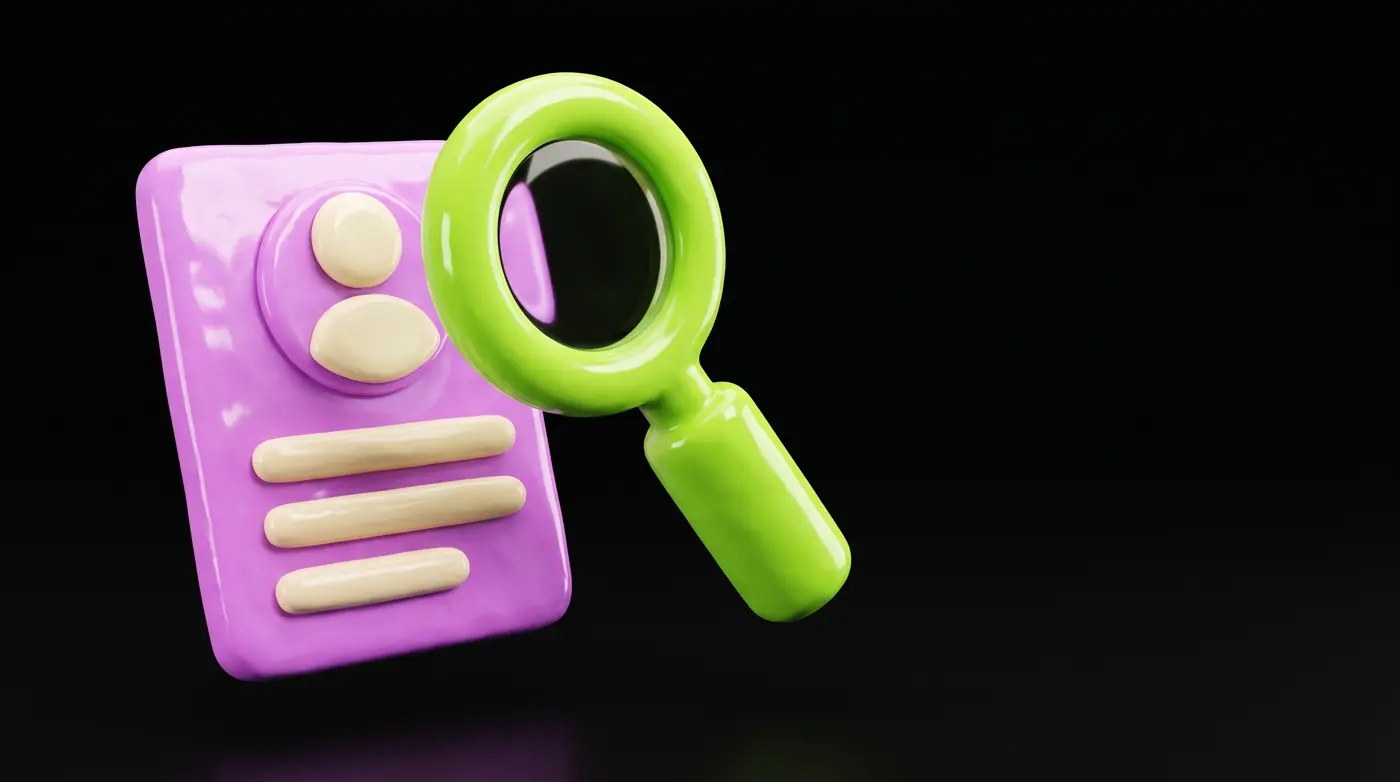 Soft 3D clay illustration: an Instagram profile card examined under a magnifying glass