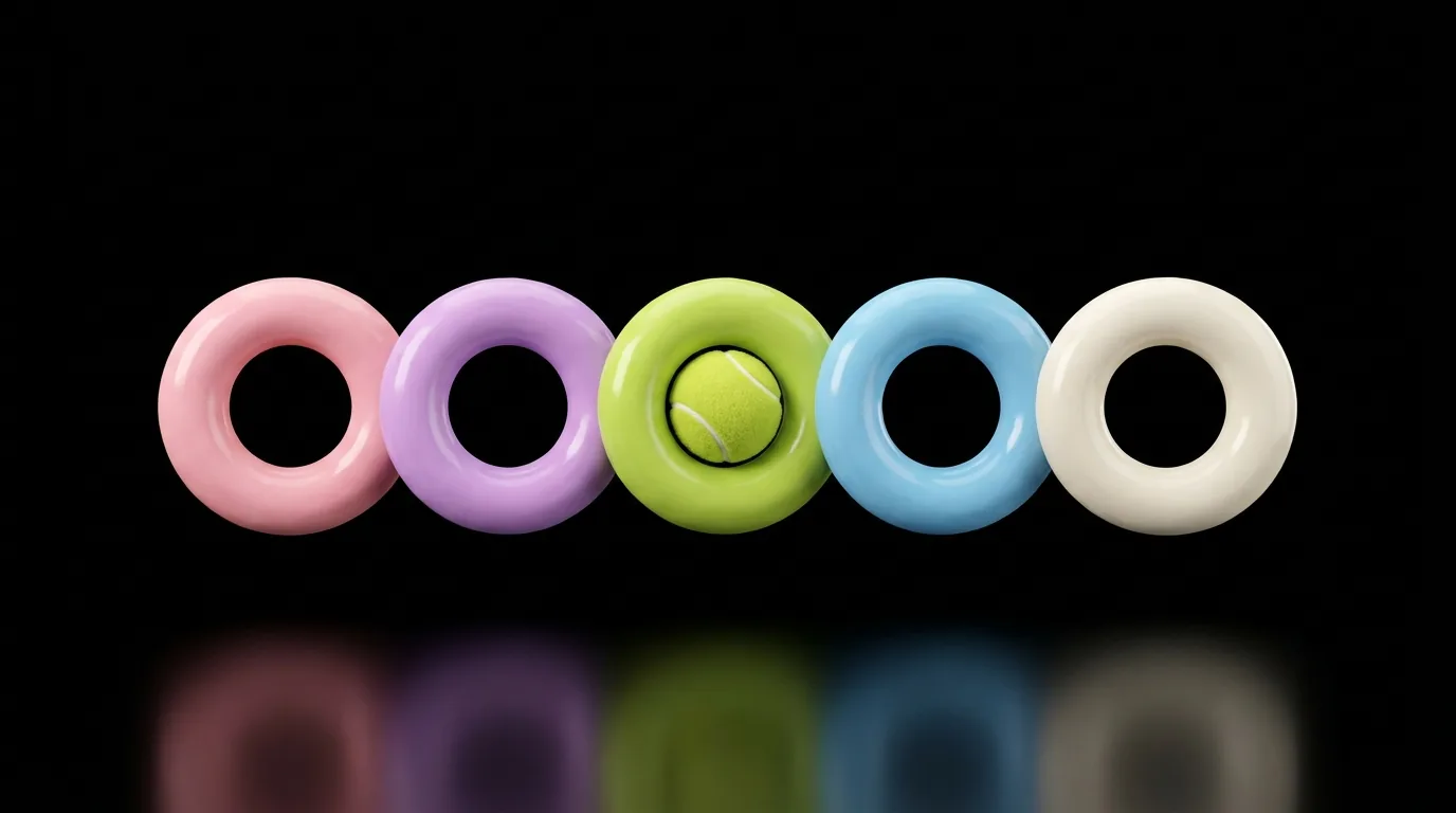 Soft 3D clay illustration: a row of five Instagram highlight circles in the site palette, one cradling a tennis ball