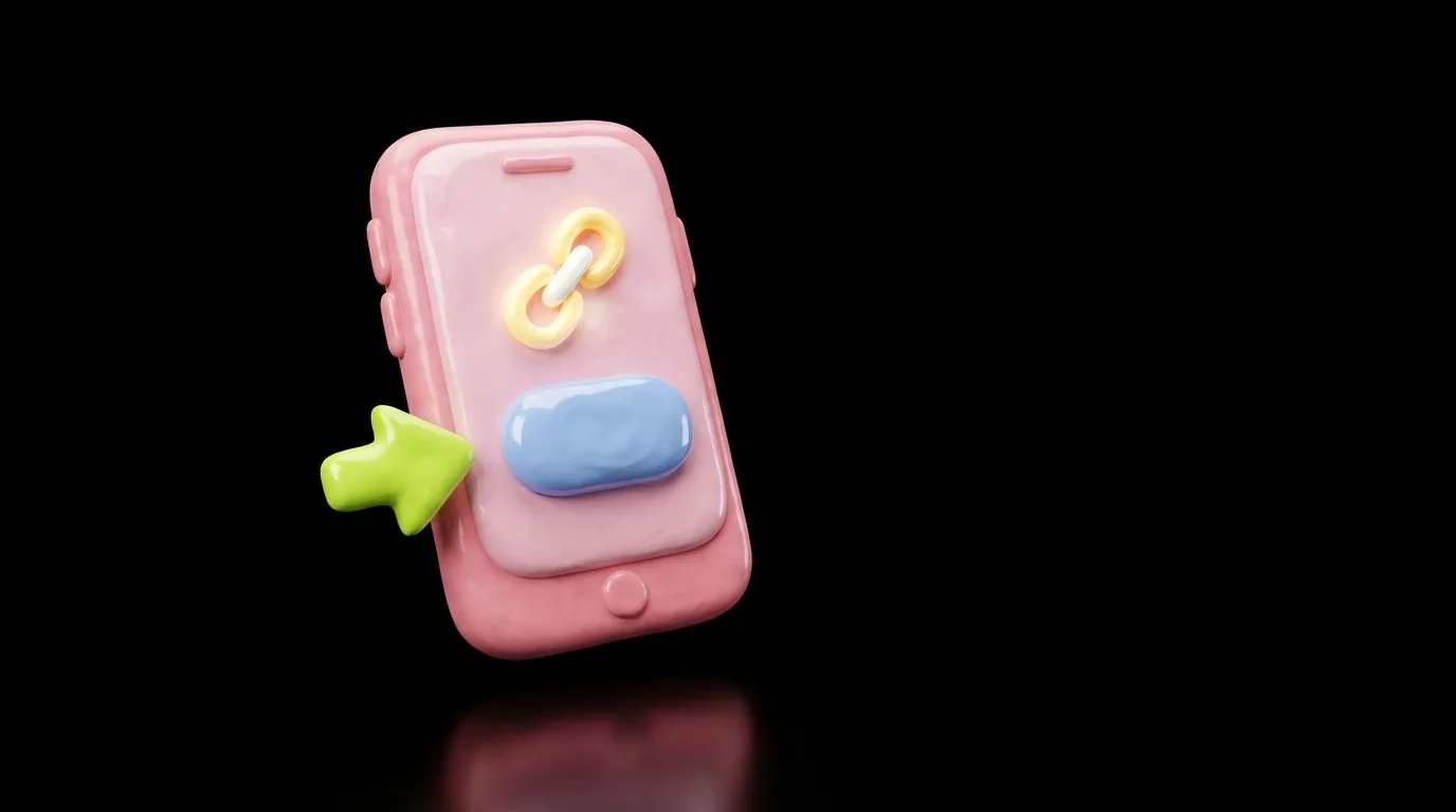 Soft 3D clay illustration: a pink clay smartphone showing a link icon, one button and an arrow pointing to it