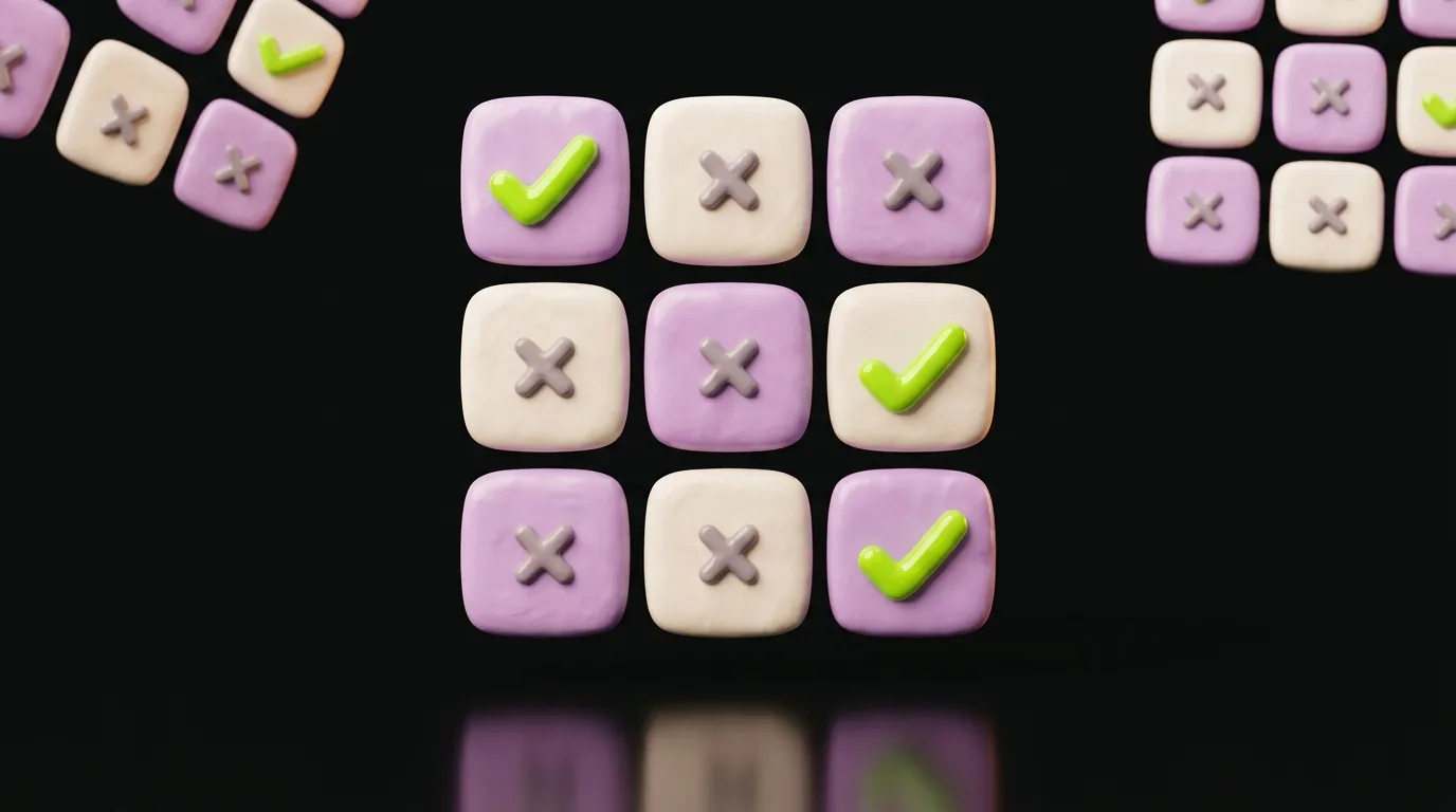 Soft 3D clay illustration: a 3x3 grid of Instagram post tiles, some marked with a green check, most with a grey cross
