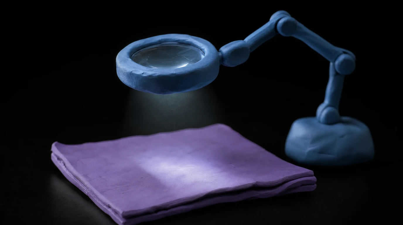 Eine große blaue Lupe aus Knete hängt an einem dünnen Arm über einer flachen violetten Seite und scannt sie wie eine Maschine