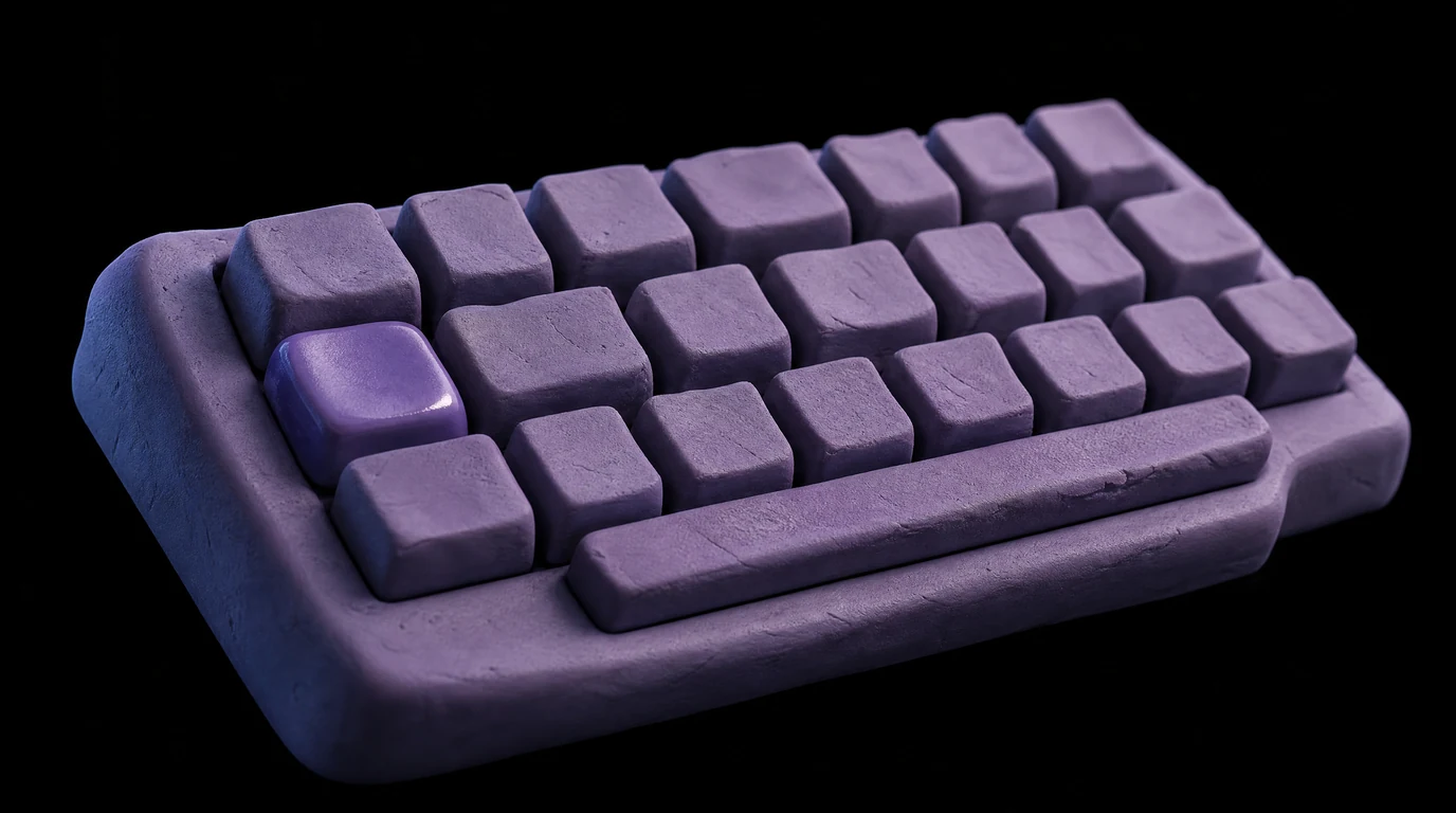Eine violette Tastatur aus Knete, bei der eine einzelne Taste links glänzend blank gescheuert ist, während alle anderen Tasten matt und staubig wirken
