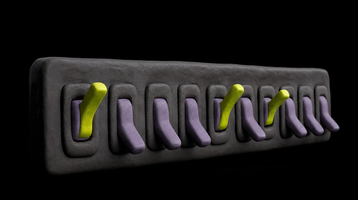 A clay panel of toggle switches on black: most of them flipped down and dull lilac, only three flipped up and glowing lime-yellow