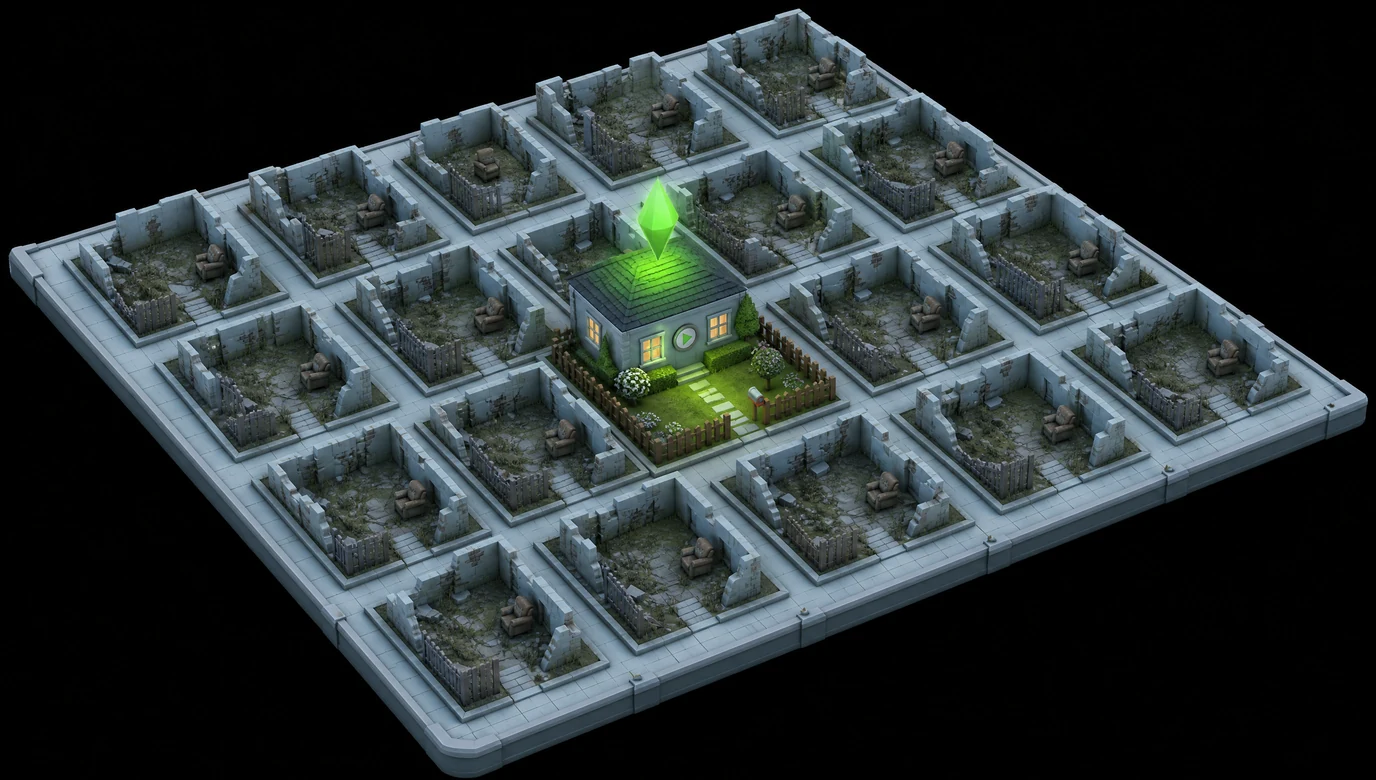 An isometric building-game neighbourhood on black: twenty small lots in a grid, nineteen of them grey roofless shells with overgrown grass, one lit from inside with a green diamond hovering over the roof