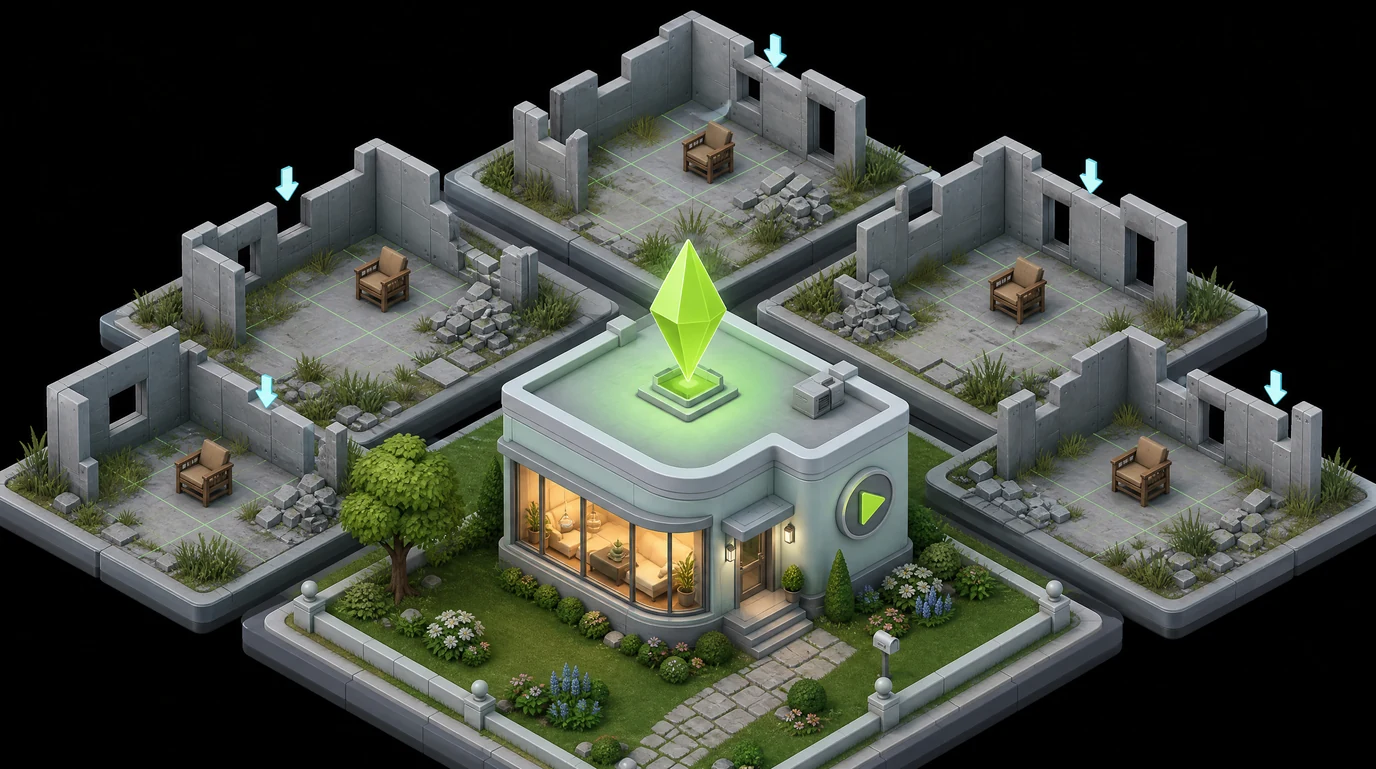 Isometric building-game diorama on black: four abandoned lots with half-built grey walls and one lonely armchair each, and in the centre one finished lot with warm light in the windows, a play button on the wall and a green diamond hovering over the roof