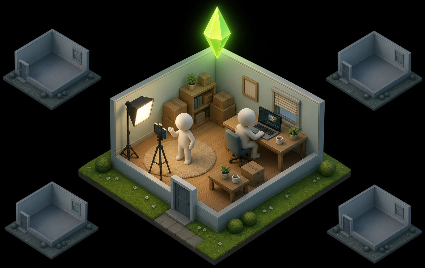 An isometric building-game room with the roof removed: two small toy figures filming with a phone on a tripod and editing at a laptop, warm light inside, a green diamond hovering above, four ghosted grey empty copies of the same room around it