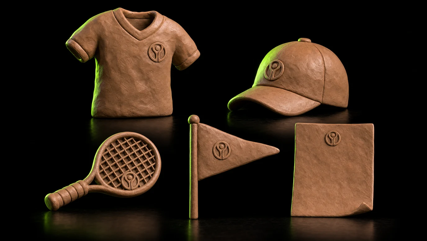 Corporate Design — fünf von Hand modellierte Tonobjekte auf schwarzem Grund, jedes trägt dasselbe kleine geprägte Emblem, limettengrün angeleuchtet