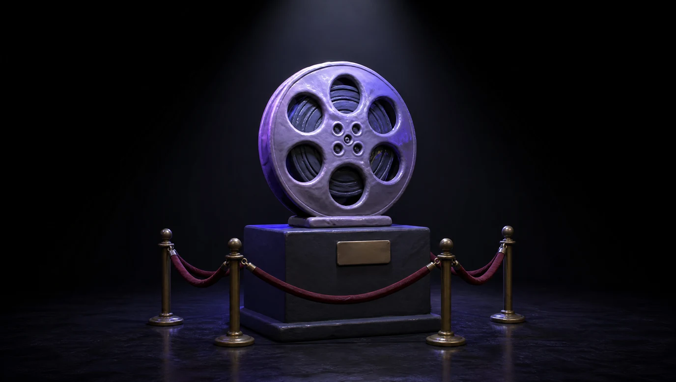 A large film reel sculpted from modelling clay, displayed on a museum plinth under a single spotlight and roped off with a velvet barrier, in a completely empty gallery on a black background