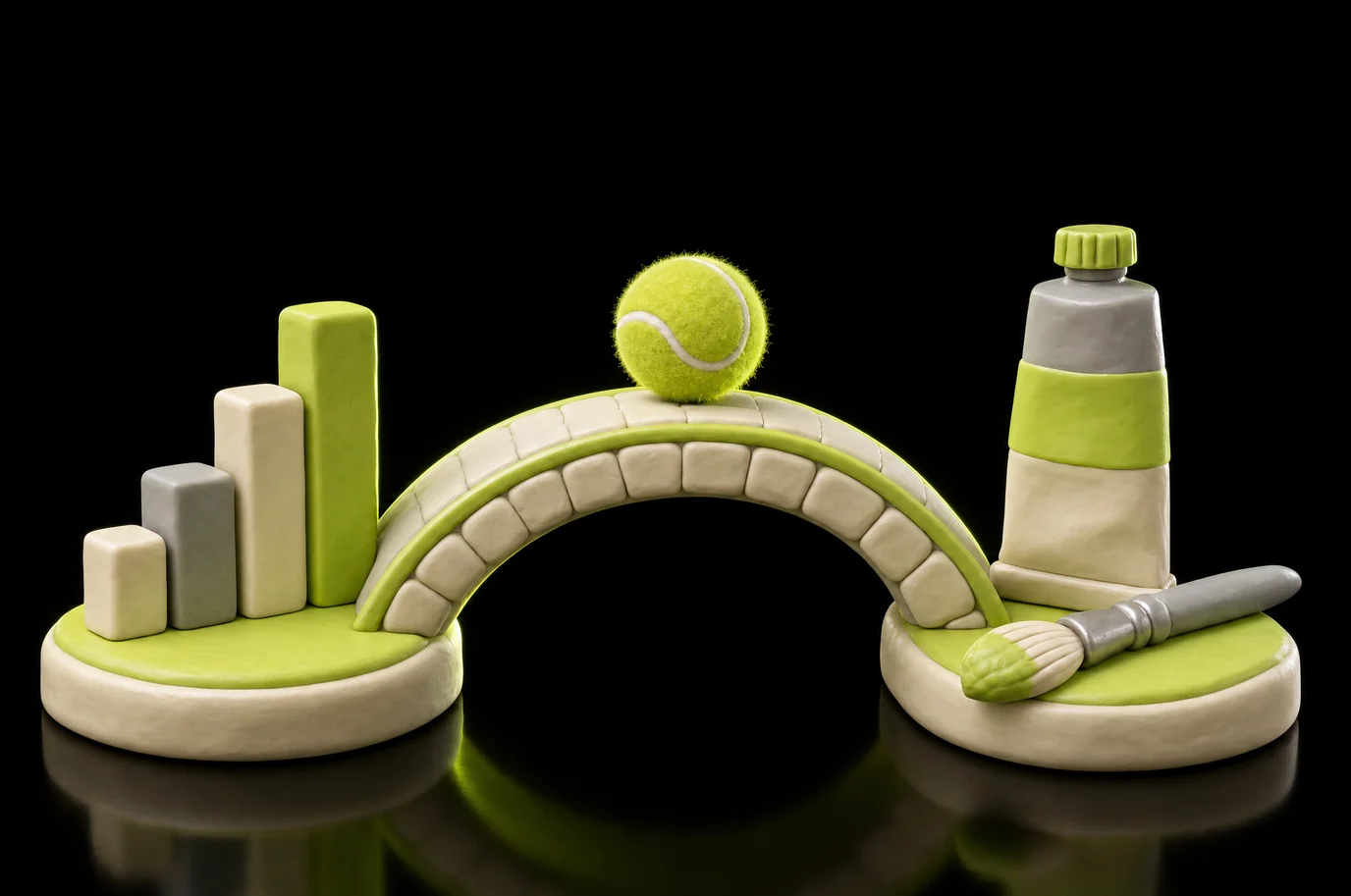 Clay illustration: a small bridge between a stack of bar charts and a paint tube with a brush, a tennis ball rolling across