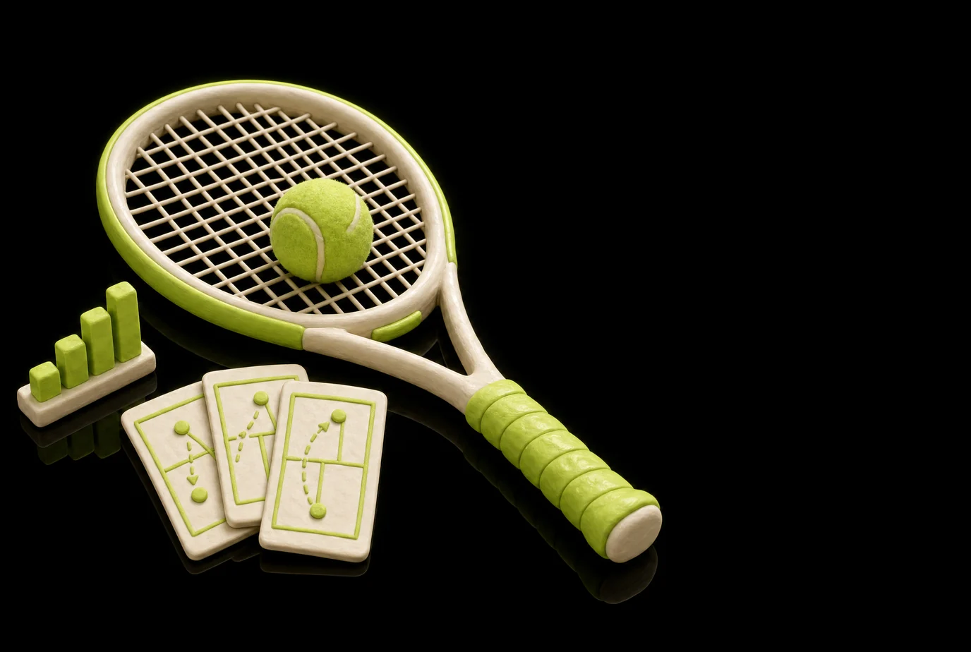 Soft 3D clay illustration: a clay tennis racket with a ball on the strings, three play cards and a small bar chart beside it on black