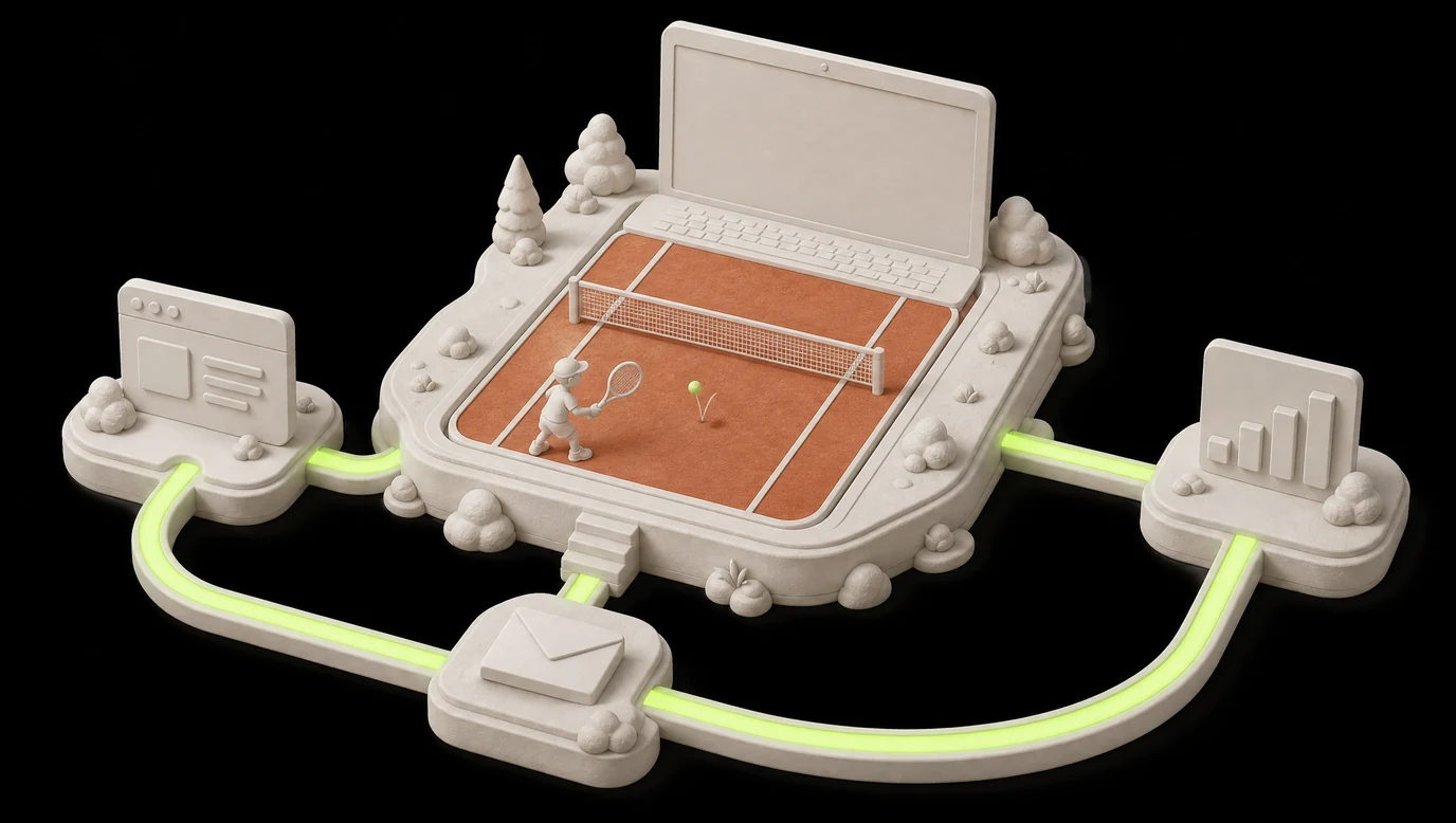 Isometric diorama of a small clay tennis court island with a laptop, a chart panel and an envelope orbiting it