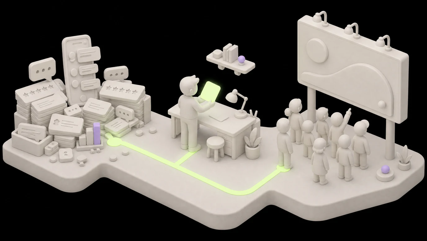 Isometric diorama: raw customer material on one side, a brief in the middle, a billboard and an audience on the other