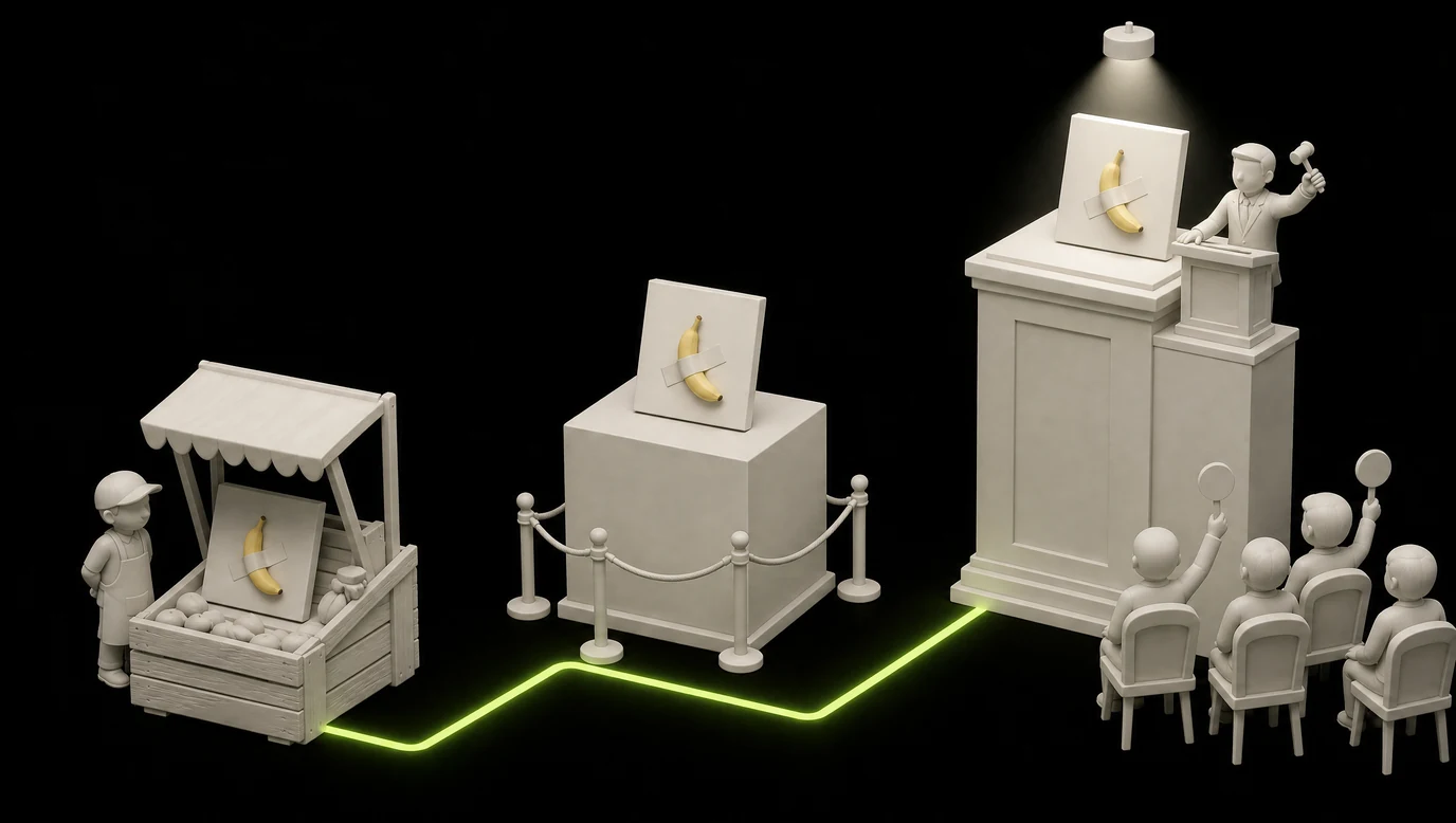 Three pedestals of increasing height, each holding the same banana taped to a wall panel