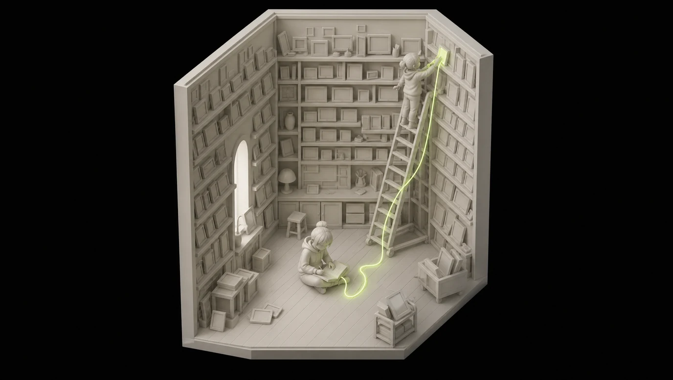 Isometric diorama of a tall library room where the shelves hold hundreds of small screens instead of books