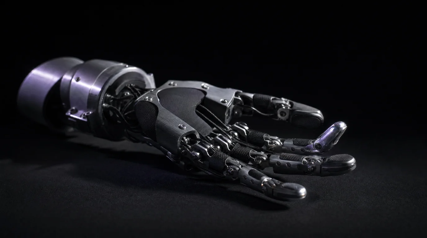 Eine gelenkige Roboterhand aus gebürstetem Aluminium und Karbon liegt mit der Handfläche nach oben auf schwarzem Grund, feine Aktuatorzüge und Präzisionsgelenke sichtbar