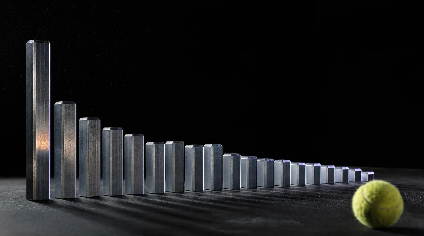 Neunzehn aus Aluminium gefräste Balken unterschiedlicher Höhe stehen als physisches Balkendiagramm auf schwarzem Grund, der höchste ganz links, die Reihe fällt nach rechts ab und verliert sich im Dunkeln