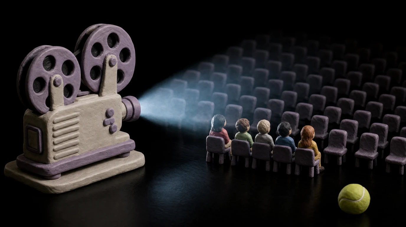 Ein Filmprojektor aus Knetmasse auf schwarzem Grund wirft einen blauen Lichtkegel auf fünf winzige Figuren, hinter denen sich Reihe um Reihe leerer Stühle im Dunkeln verliert