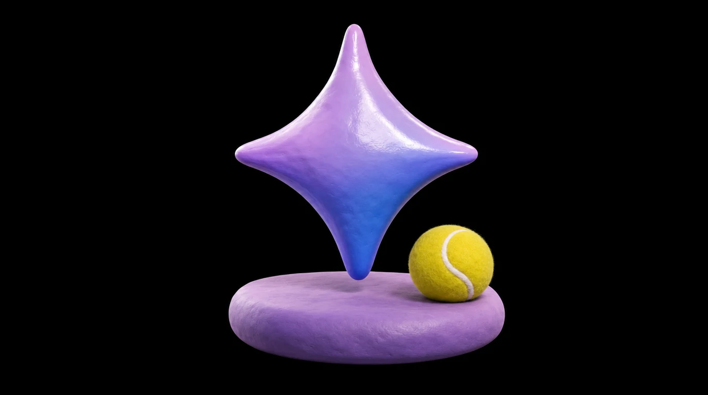Soft 3D clay illustration of a glossy lilac-and-blue Gemini spark gem on a pedestal with a tennis ball