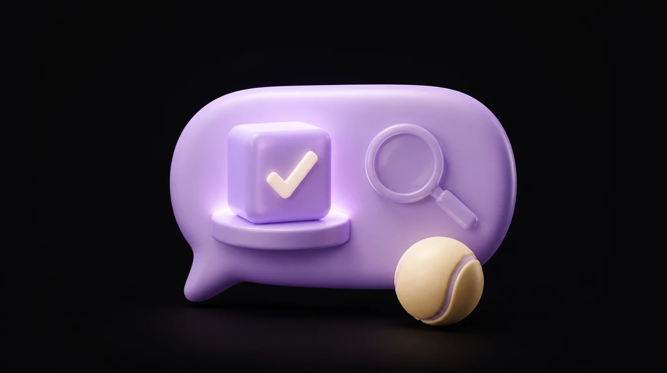 Soft 3D clay illustration: a brand cube being pulled into a glowing AI chat bubble, a tennis ball on top