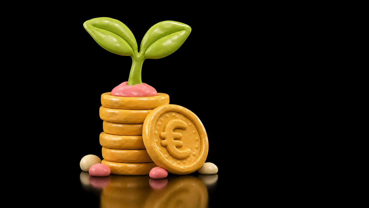 Soft 3D clay illustration: a green sprout growing out of a stack of golden euro coins