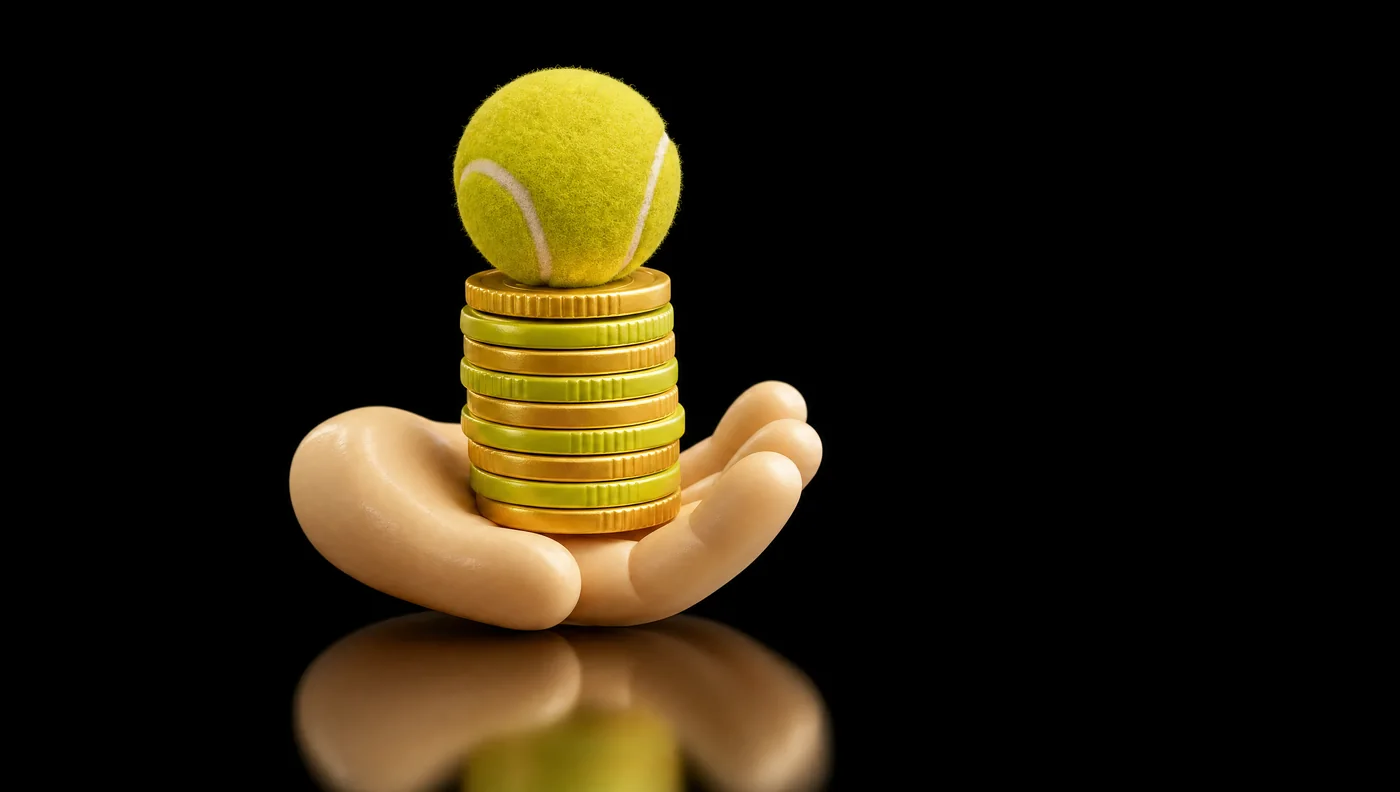 Soft 3D clay illustration: an open hand holding a stack of euro coins with a tennis ball on top
