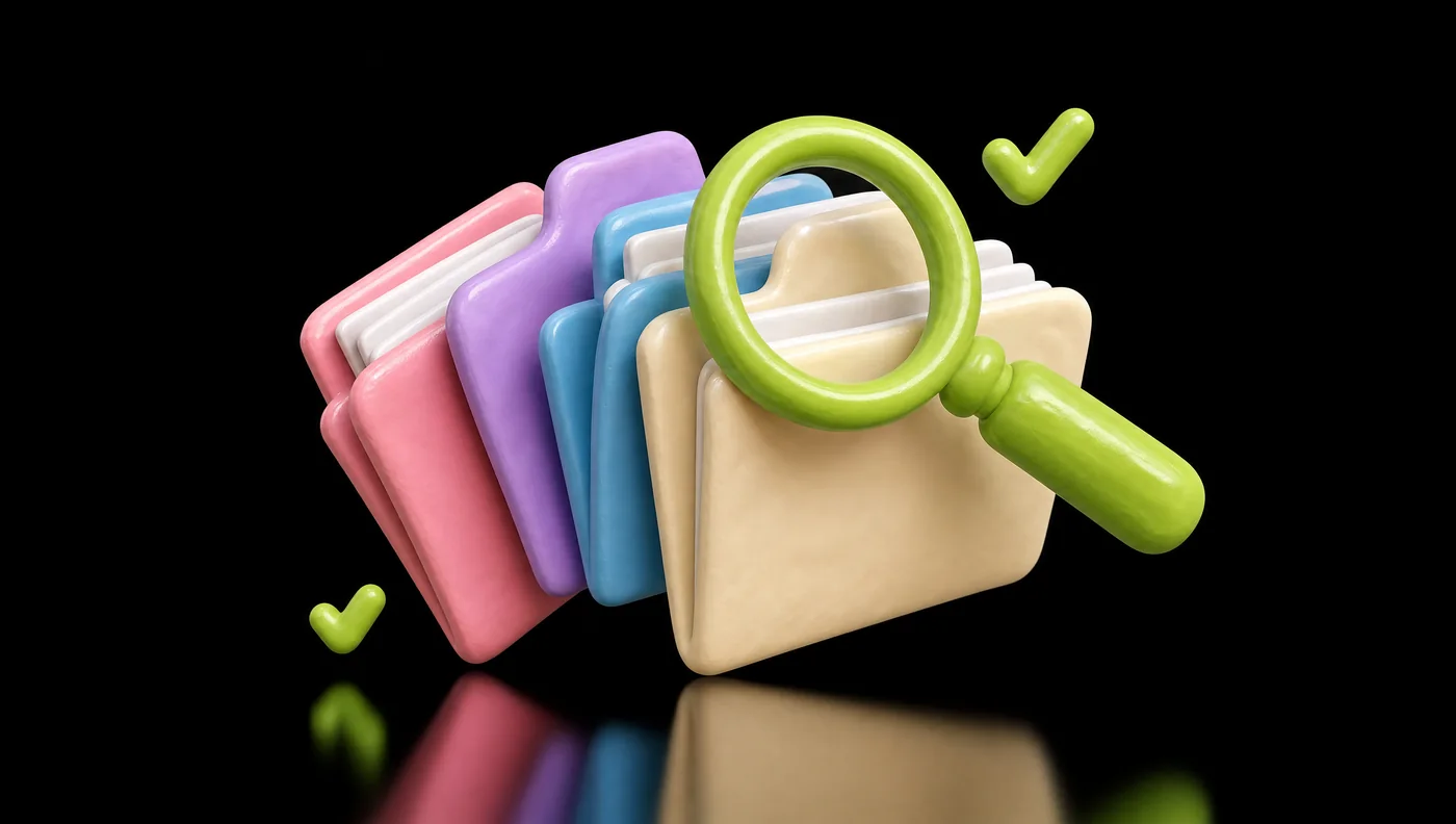 Soft 3D clay illustration: a fan of colorful document folders with a green magnifying glass searching them