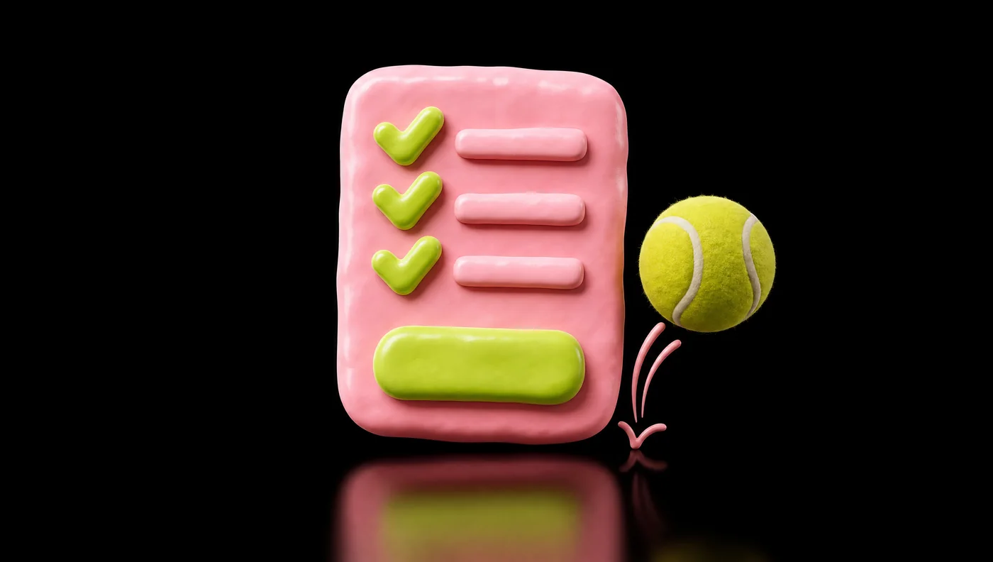 Soft 3D clay illustration: a pink quiz card with three green checkmarks and a button, a tennis ball beside it