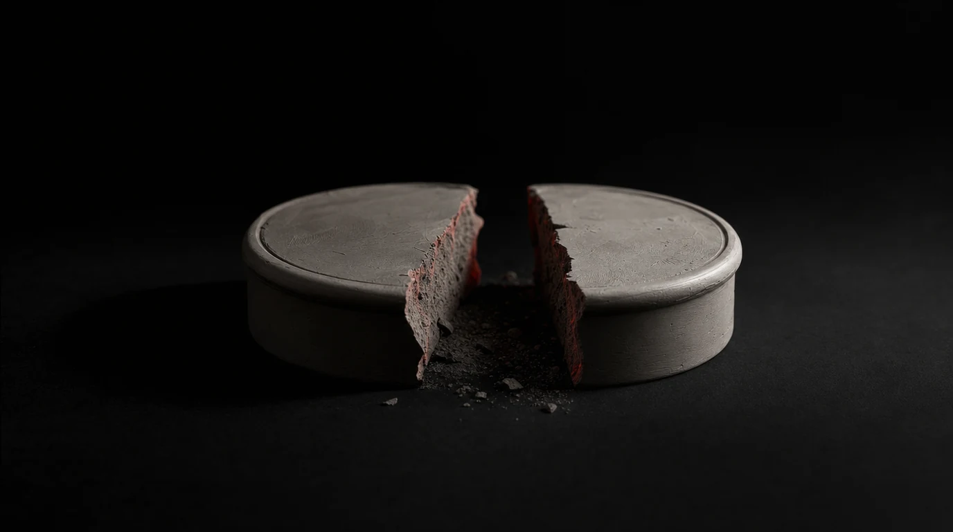 A round clay tin lying on a dark surface, cracked cleanly in half with fine dust between the halves, cold light from the right