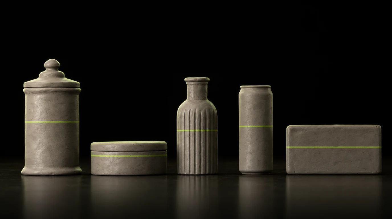 Five clay containers from five different eras standing in a row on black, each carrying the same lime-green stripe in the same position