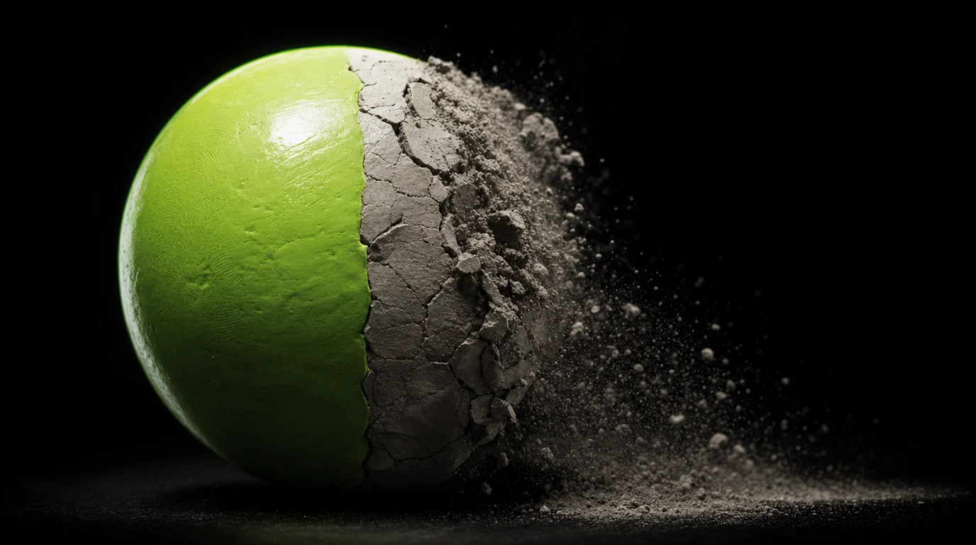 Clay sphere on black: the left half glossy and alive in lime green, the right half grey, cracked and crumbling into dust