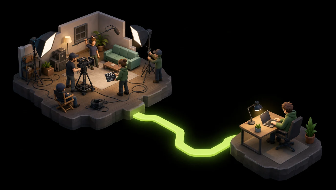 Imagefilm-Kosten — isometrische Diorama-Darstellung: links ein komplettes Filmset mit Crew, Kamera, Licht und Kabeln, rechts eine einzelne Person am Schreibtisch mit Laptop, beide durch einen leuchtenden Pfad verbunden
